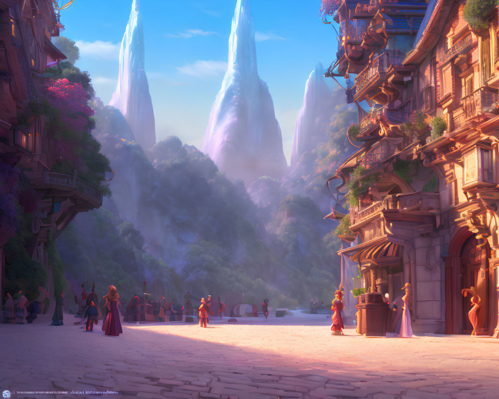 Colorful fantasy cityscape with towering spires, ornate buildings, and bustling citizens.