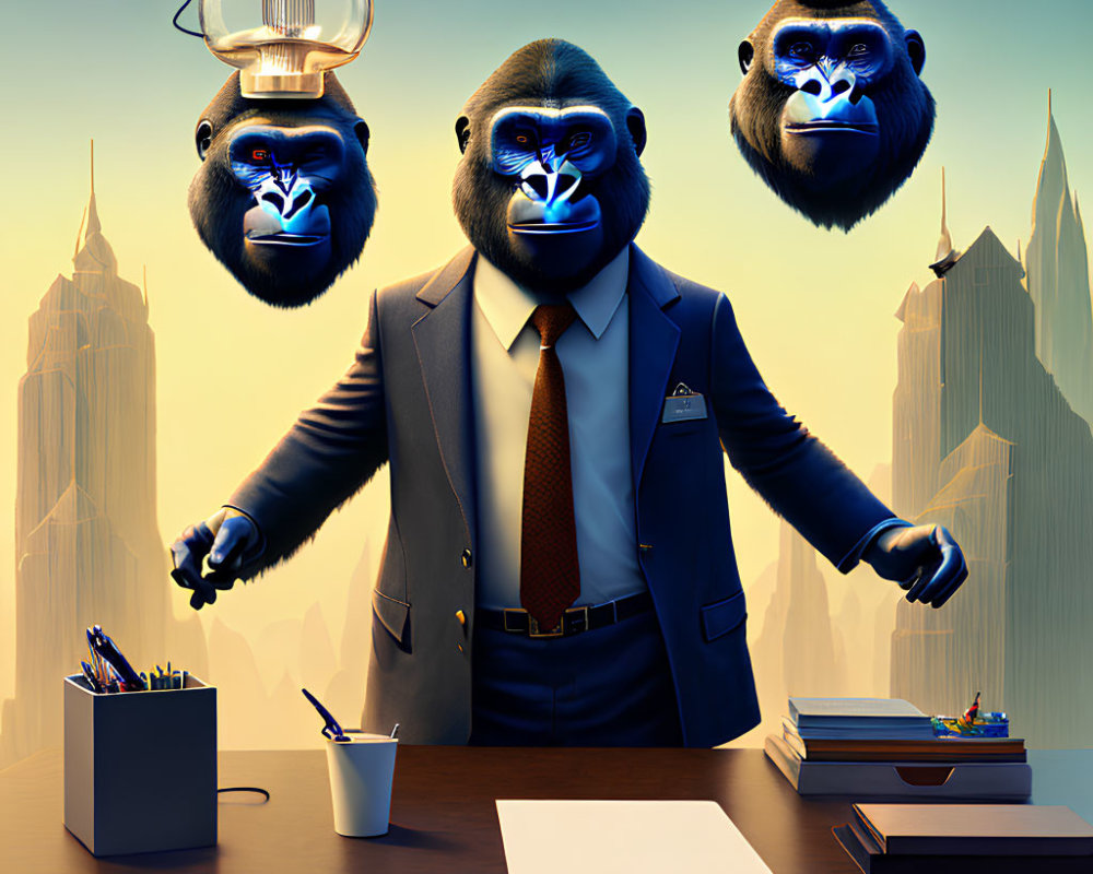 Stylized gorillas in suits with neon blue markings and futuristic cityscape backdrop