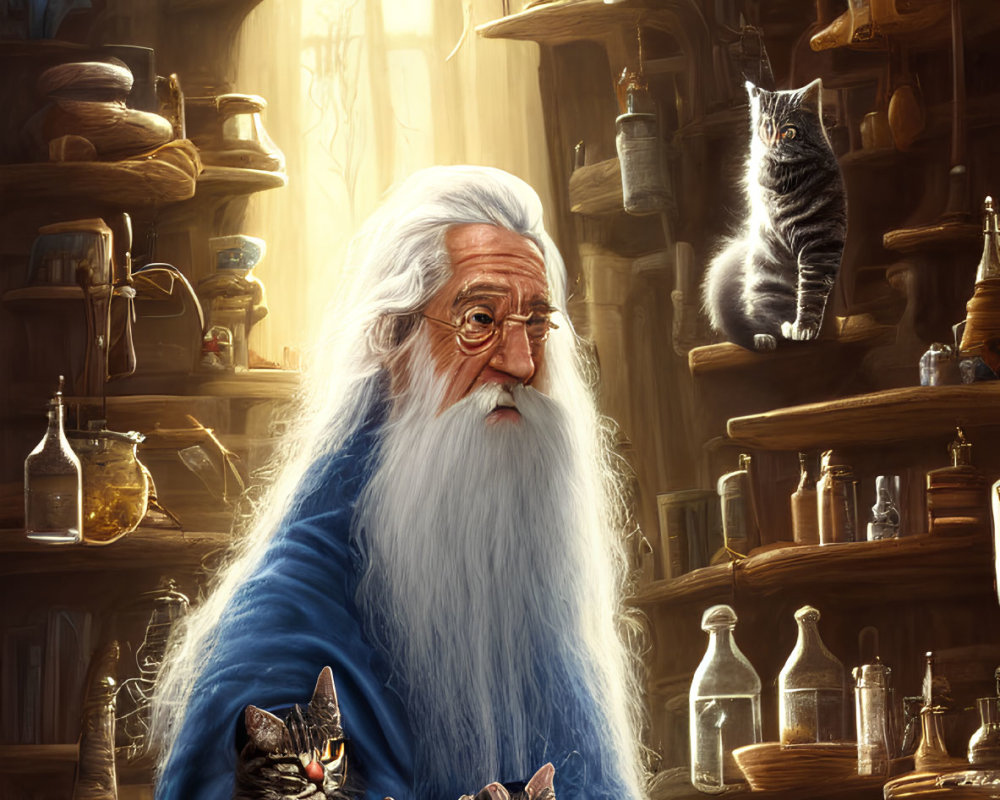 Elderly wizard reading book with three cats in cozy room