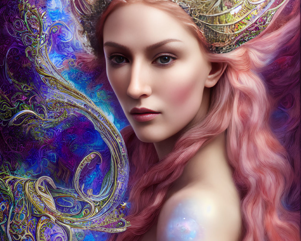 Fantastical image: Woman with pink hair and ornate headdress.