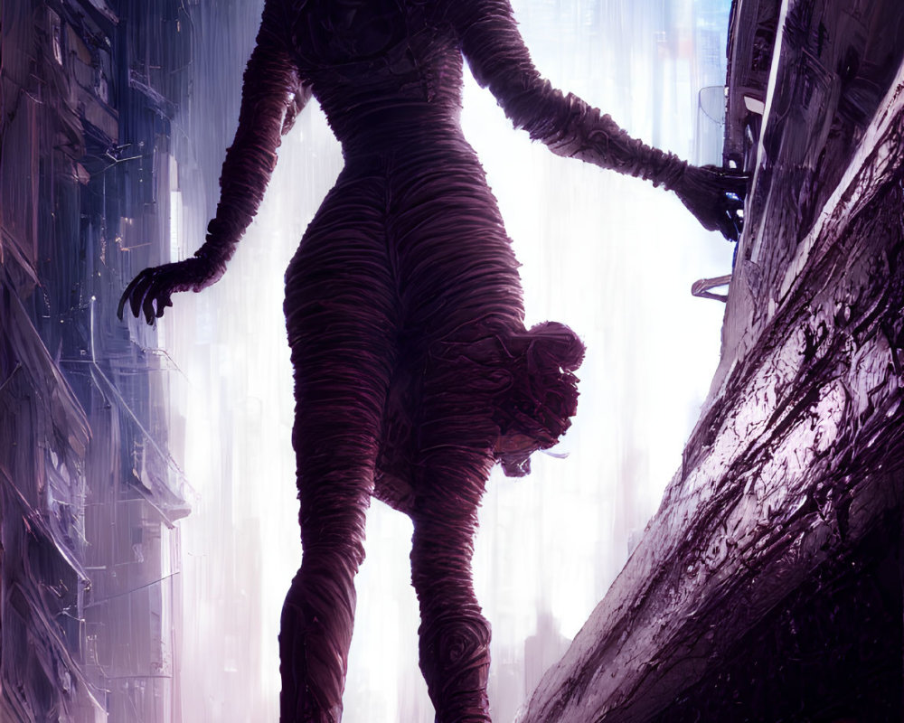 Futuristic figure on neon city ledge gazes into rain-soaked abyss