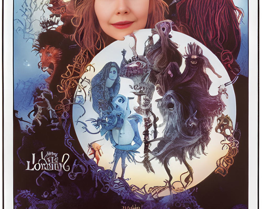 Circular Design Movie Poster with Whimsical Characters and Young Girl's Face