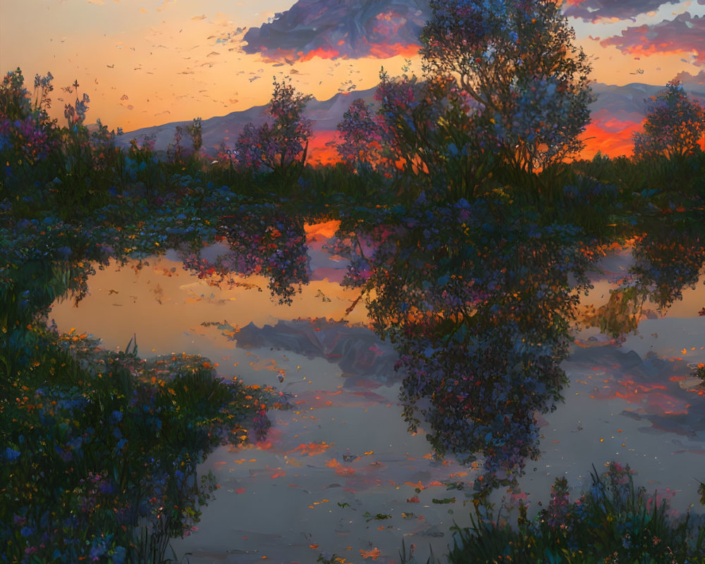 Tranquil sunset landscape with mountain backdrop and reflective pond