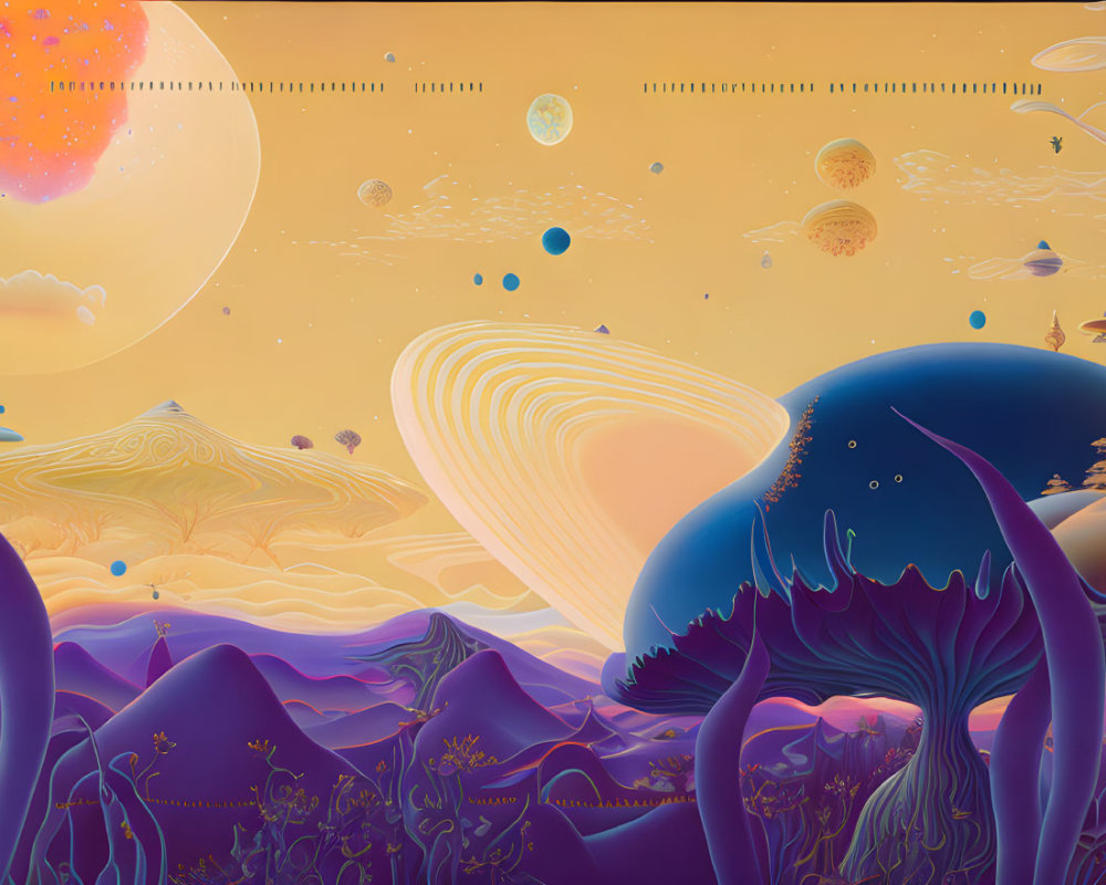 Colorful surreal landscape with whimsical plant structures and planets