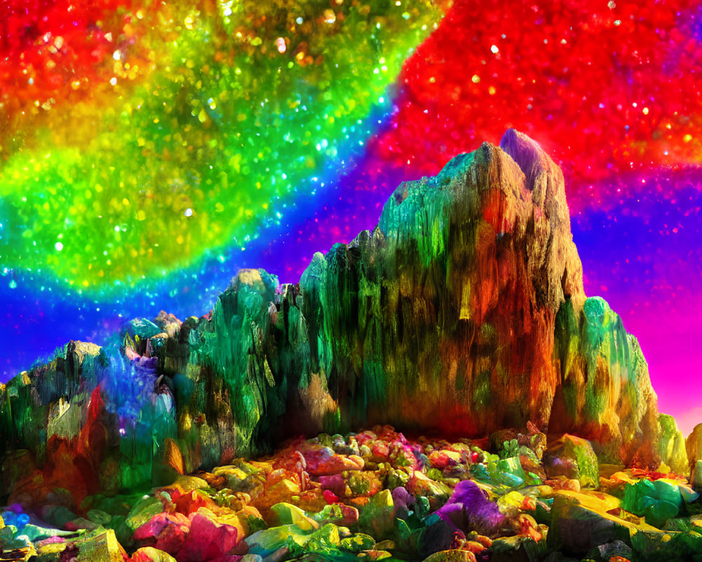 Colorful Landscape with Central Rock Formation and Multicolored Stones under Starry Nebula Sky