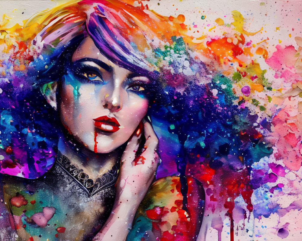 Colorful painting of a dynamic woman with splashes and drips