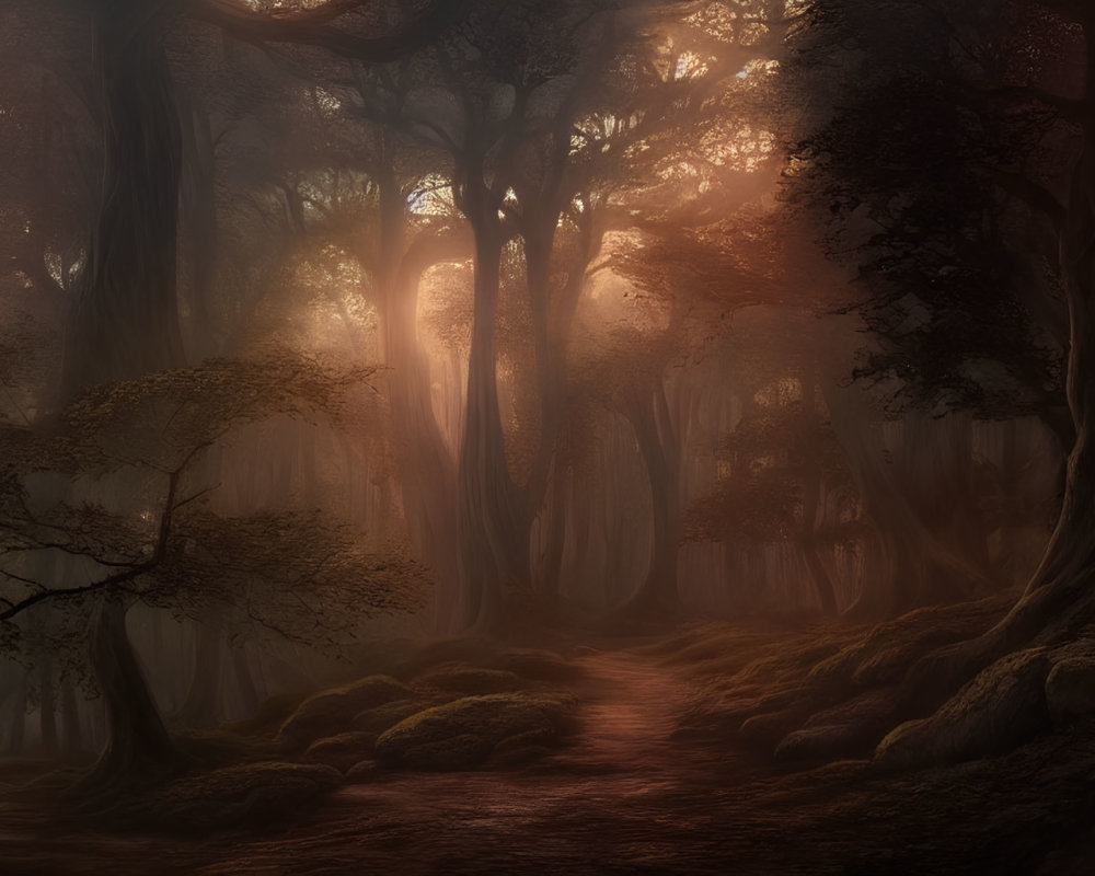 Mystical forest with towering trees and misty ambiance