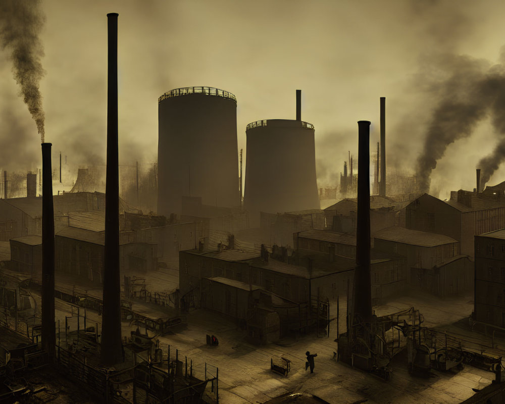 Industrial landscape with smokestacks, storage tanks, and factory buildings under yellow sky