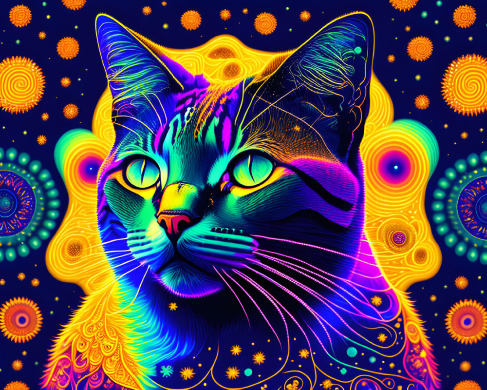 Colorful Psychedelic Cat Art on Dark Ornate Background