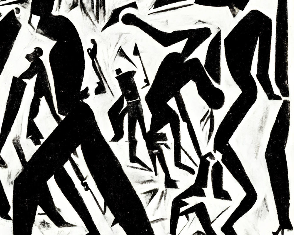 Monochrome abstract painting with stylized human figures and dynamic shadows