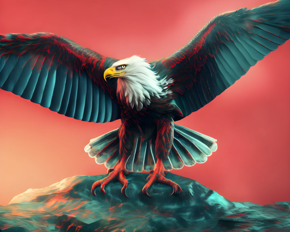 Majestic eagle with outstretched wings on rock against red backdrop