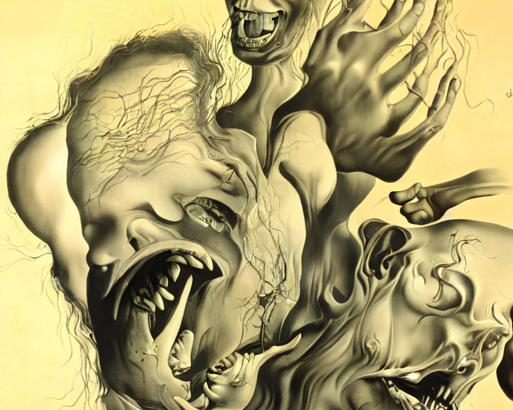 Surreal sepia-toned artwork: three distorted faces with exaggerated expressions intertwined with hair-like wis