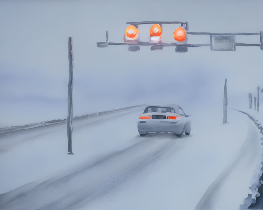 Snowy Road: Car Passing Orange Traffic Light in Winter Landscape