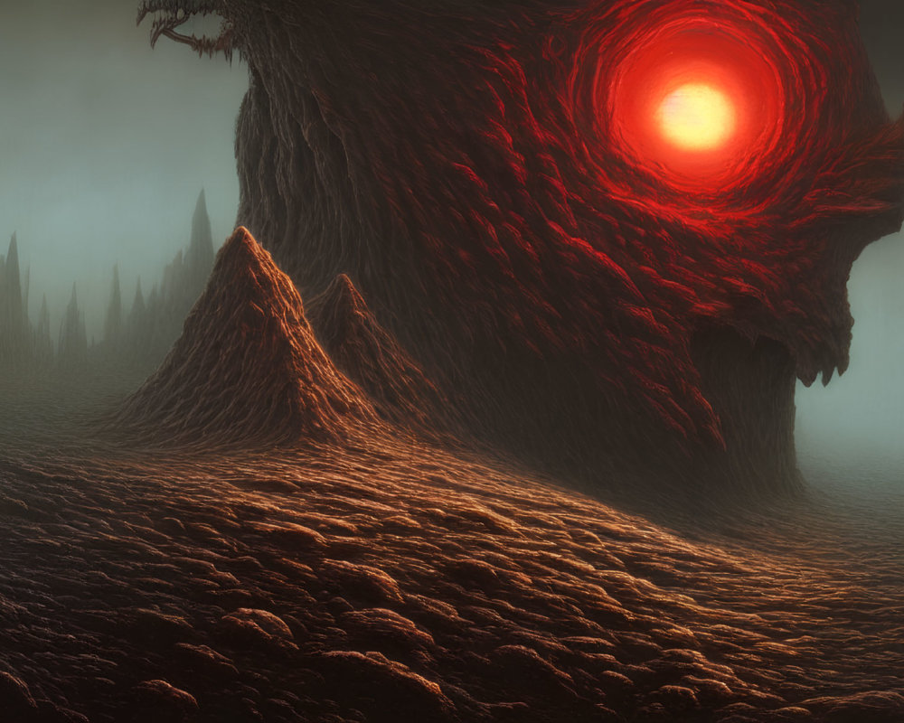 Gnarled tree with glowing red eye in fog-covered landscape