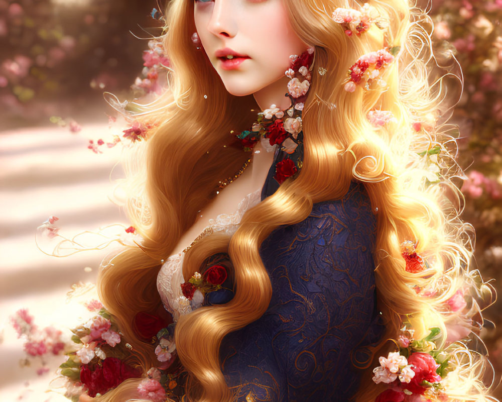 Illustrated Woman with Golden Hair and Blue Gown in Floral Setting