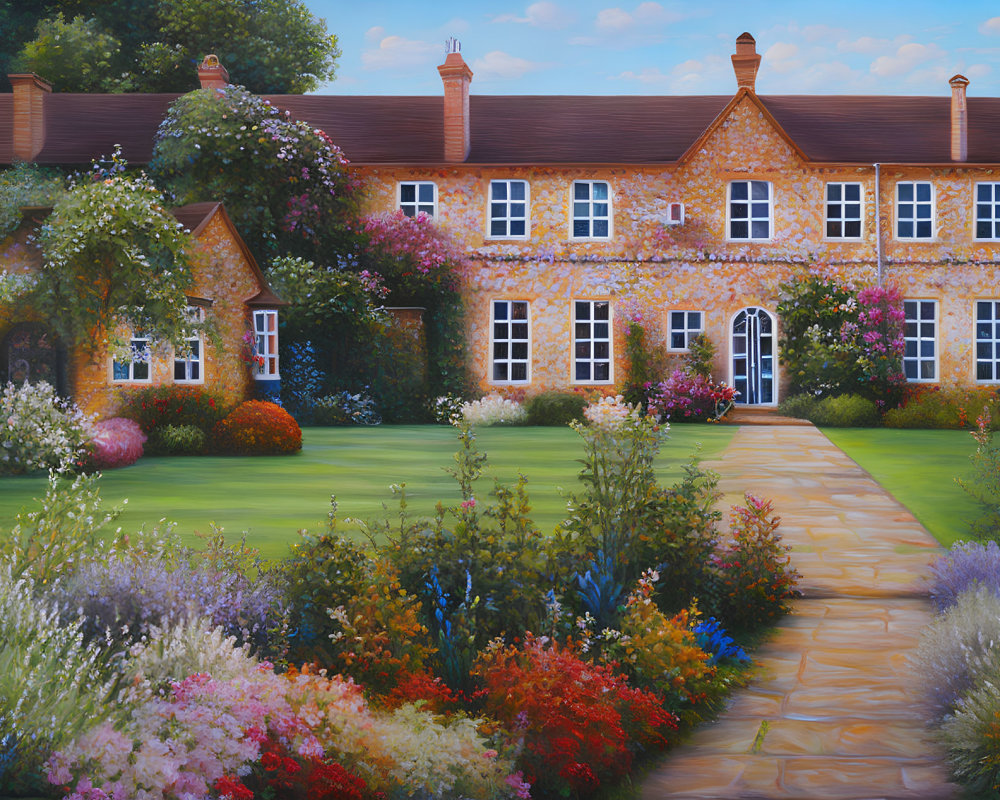 Colorful painting of brick cottage with flowers, greenery, stone pathway, and blue sky