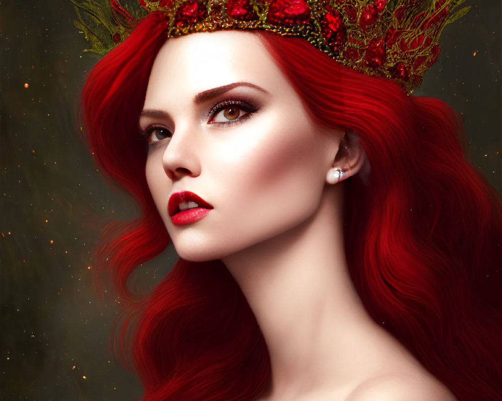 Detailed digital artwork: Woman with red hair and rose crown, mystical ambiance