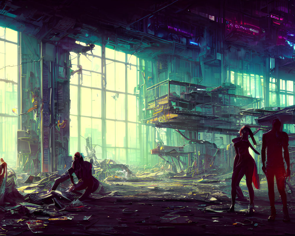 Dystopian scene with people in futuristic building