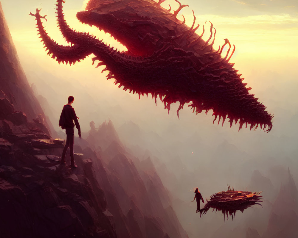 Man gazes at red dragon creature on mountain at sunset