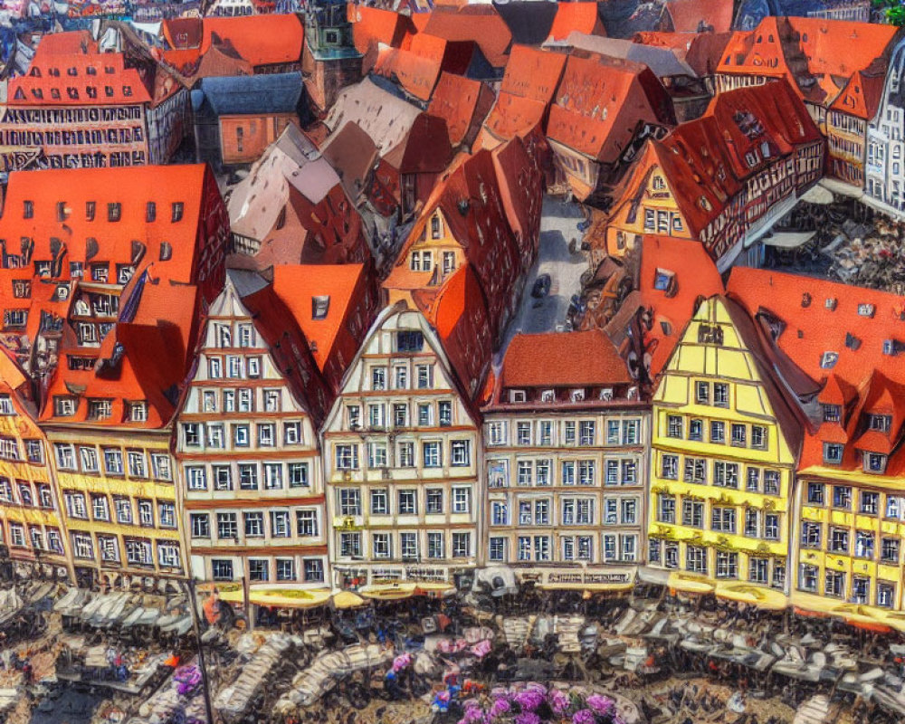 Colorful European town square with bustling activity and greenery