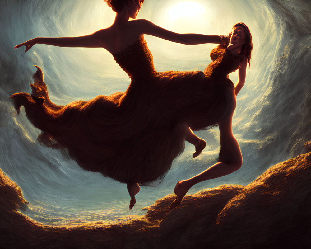 Two women in elegant dresses floating gracefully over rocky terrain at sunset