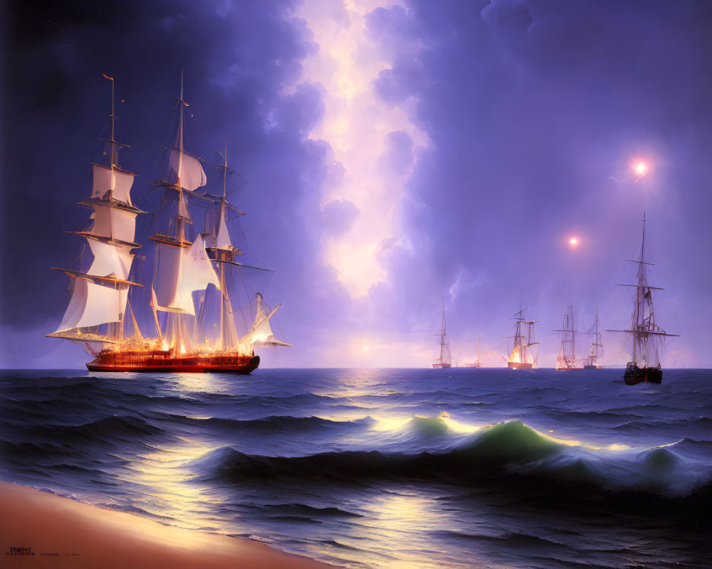 Sailing ships on twilight ocean with striking lightning and dramatic sky