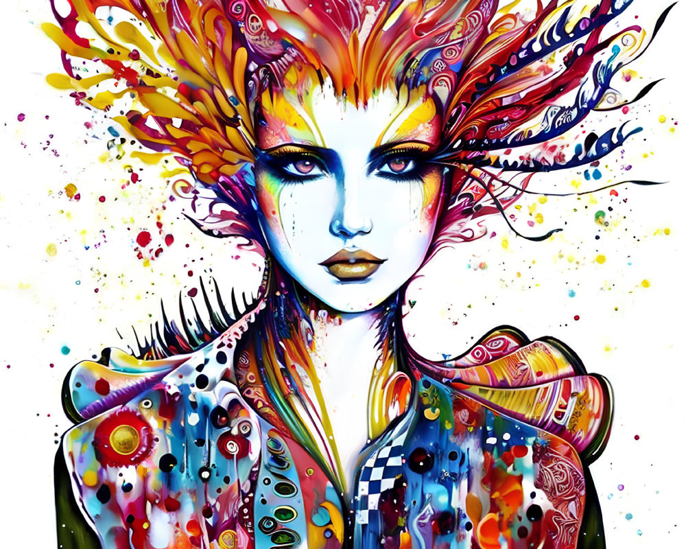 Colorful Illustration of Woman with Fiery Hair and Kaleidoscopic Patterns