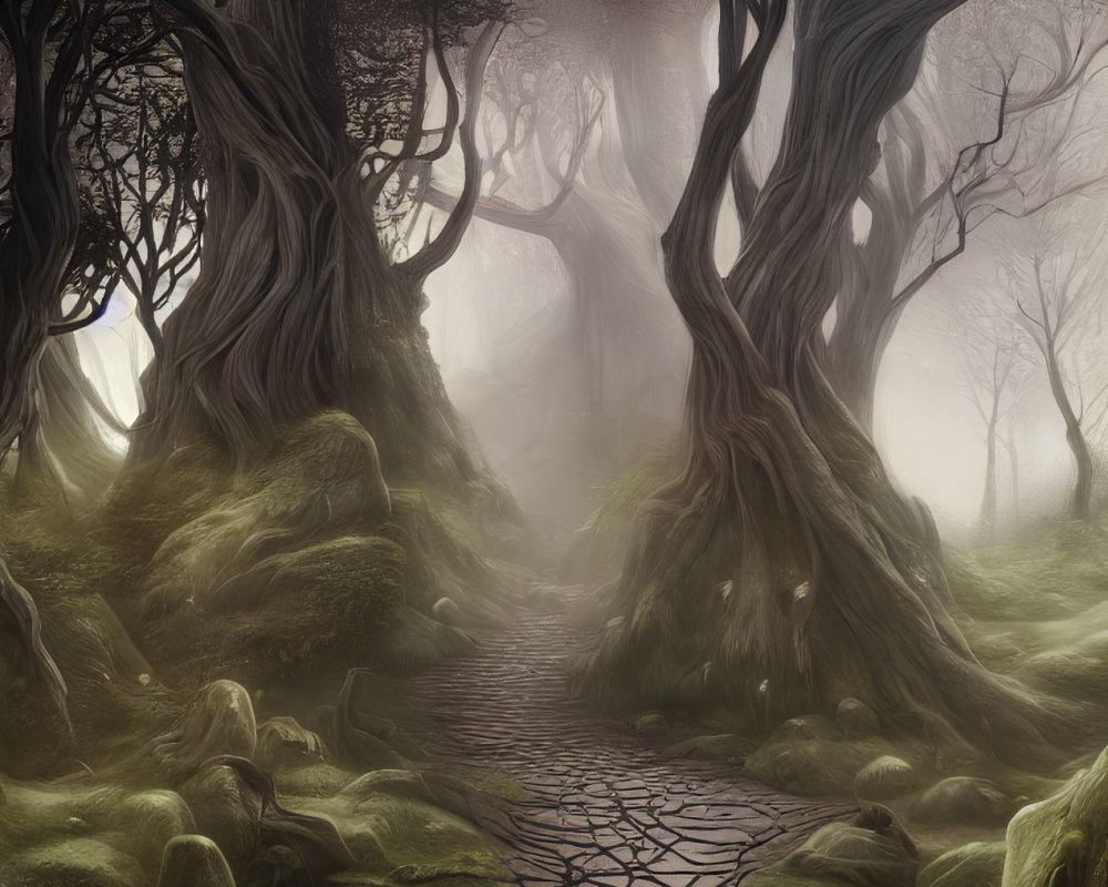 Mystical foggy forest path with ancient trees and moss-covered grounds