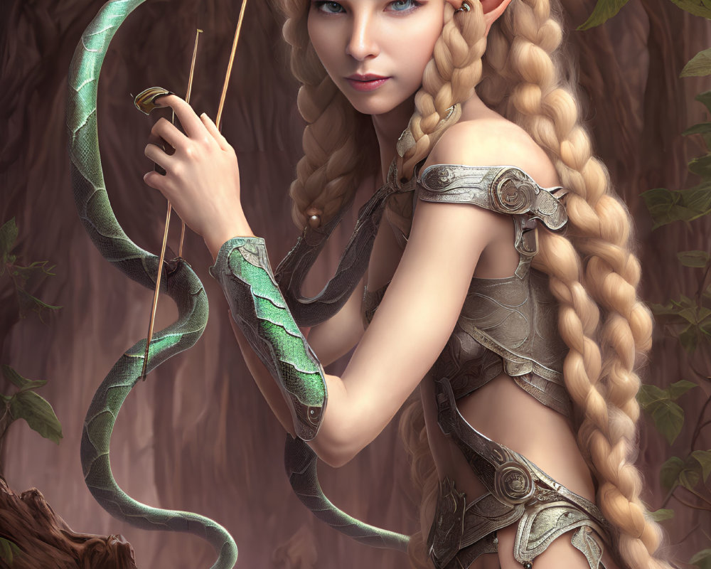 Female elf with braided hair holding a bow in forest with snake - detailed arm armor