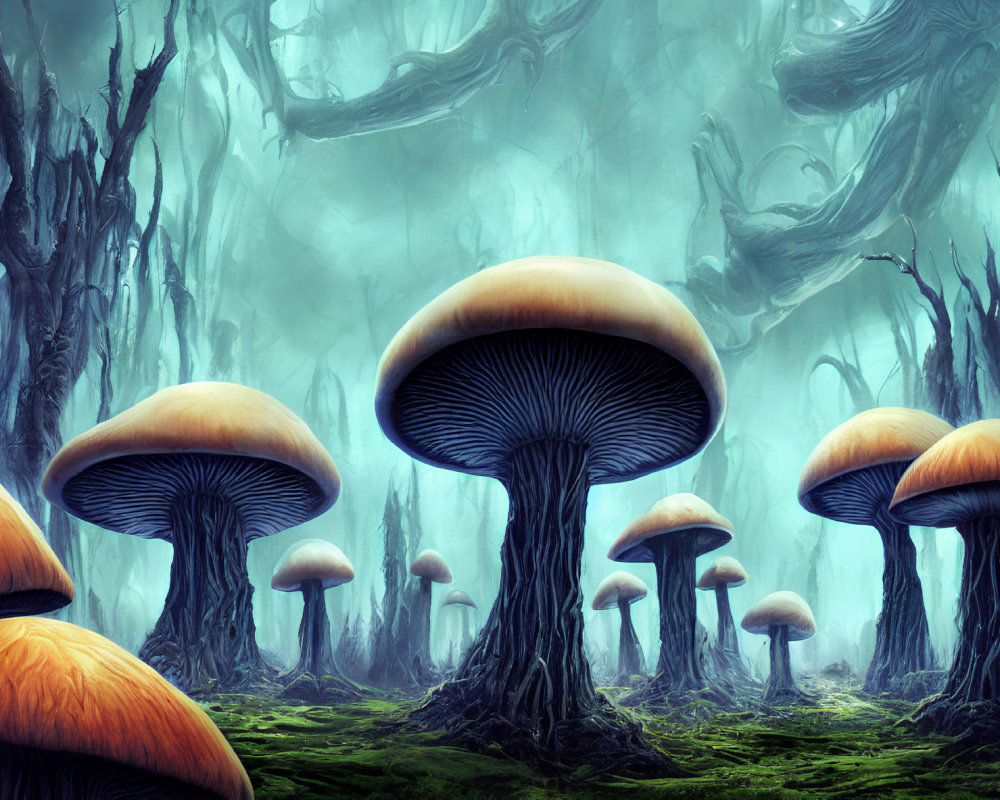 Enchanted forest scene with oversized mushrooms and twisted trees