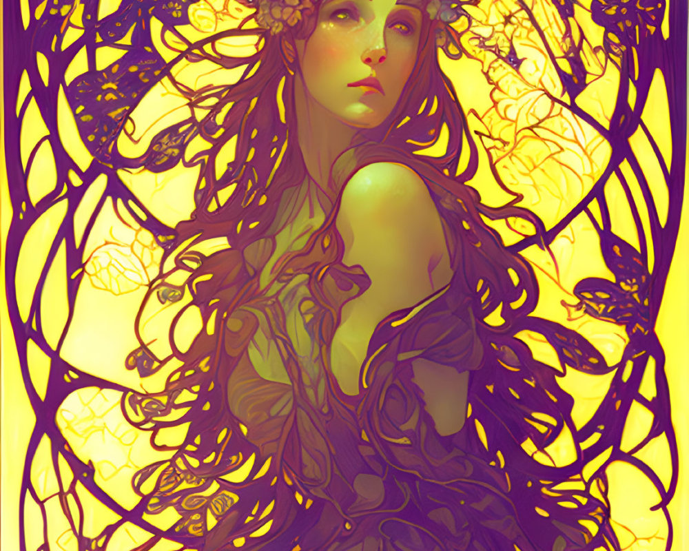 Art Nouveau style illustration of woman with floral wreath and flowing hair