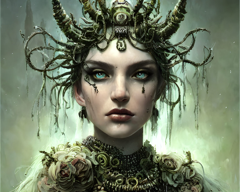 Digital artwork: Mystical woman with antler-like horns, adorned with foliage and roses, in orn