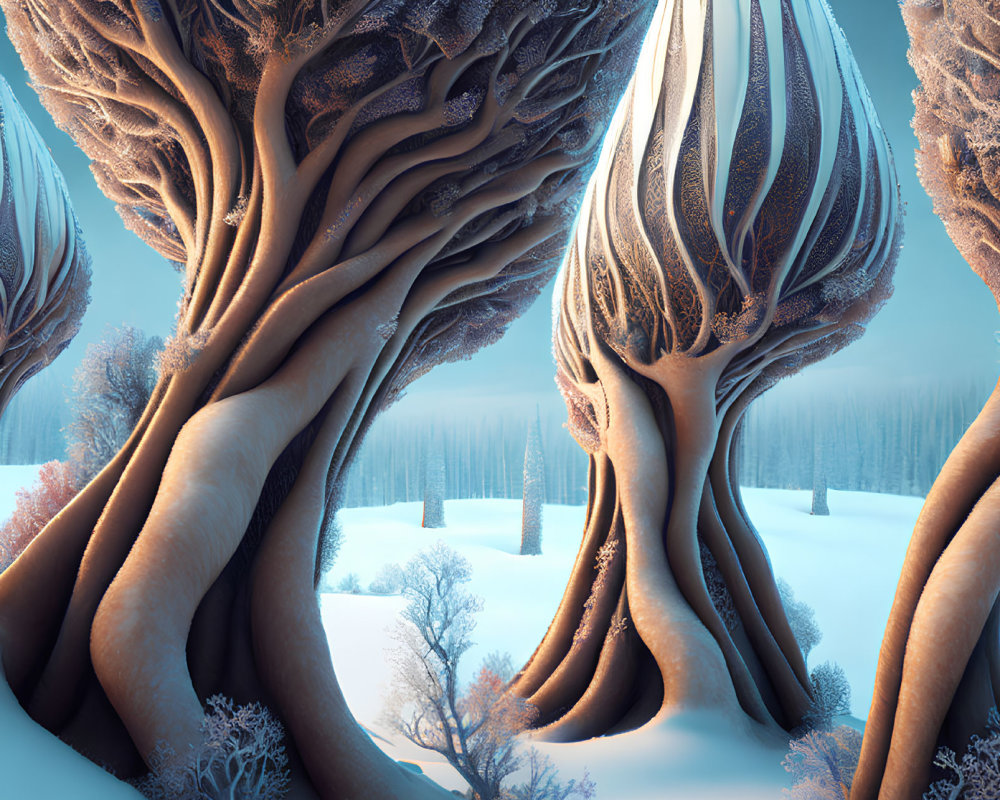 Surreal oversized trees with intricate bark patterns in a snowy landscape