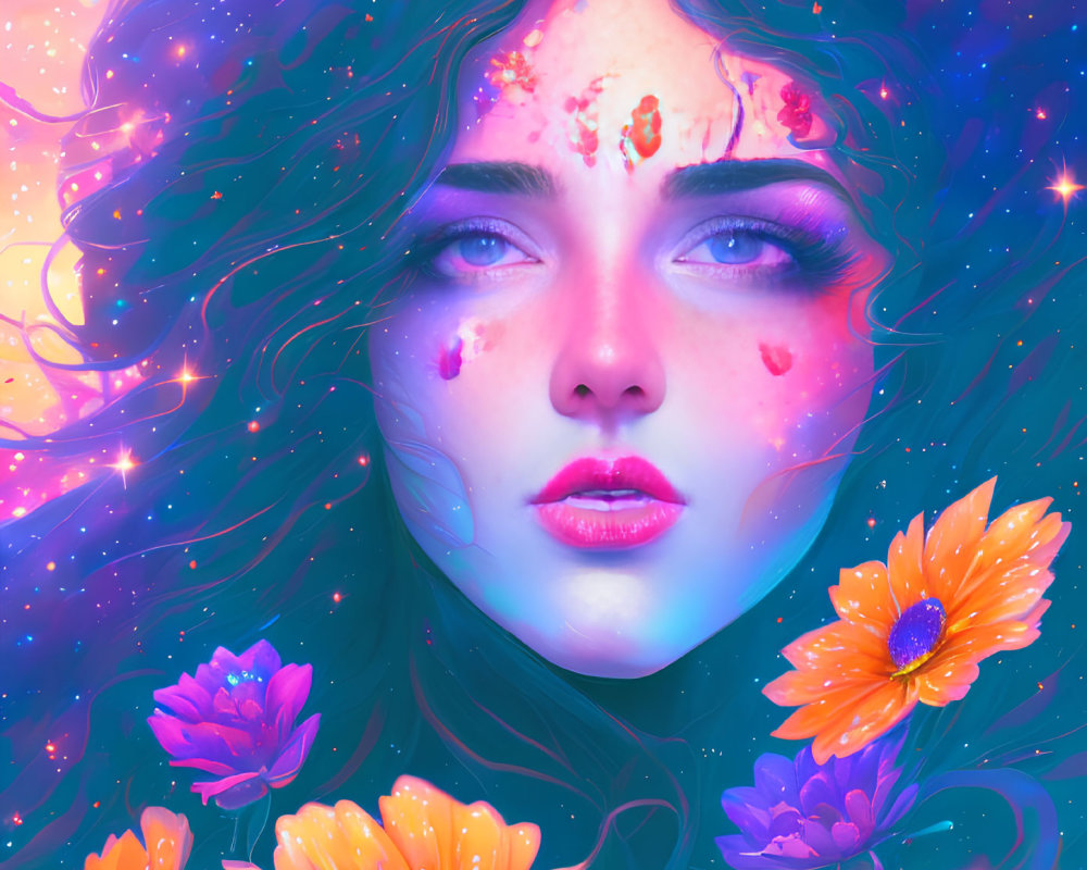 Cosmic-themed digital portrait of a woman with vibrant skin and floral adornments