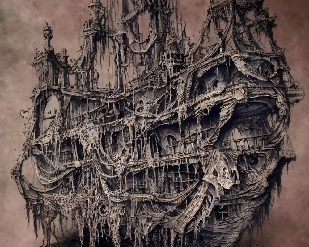 Detailed Illustration: Ghostly Pirate Ship with Skeletal Adornments Floating Above Book