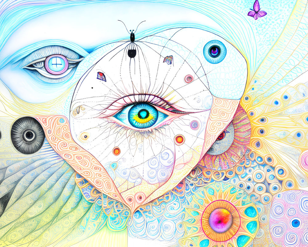 Colorful Surreal Artwork with Multiple Eyes, Butterflies, and Psychedelic Patterns