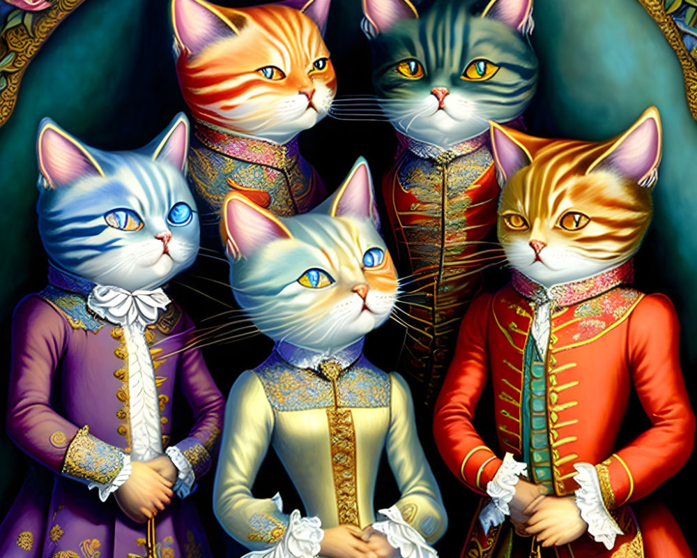 Detailed illustration of four anthropomorphic cats in ornate royal attire