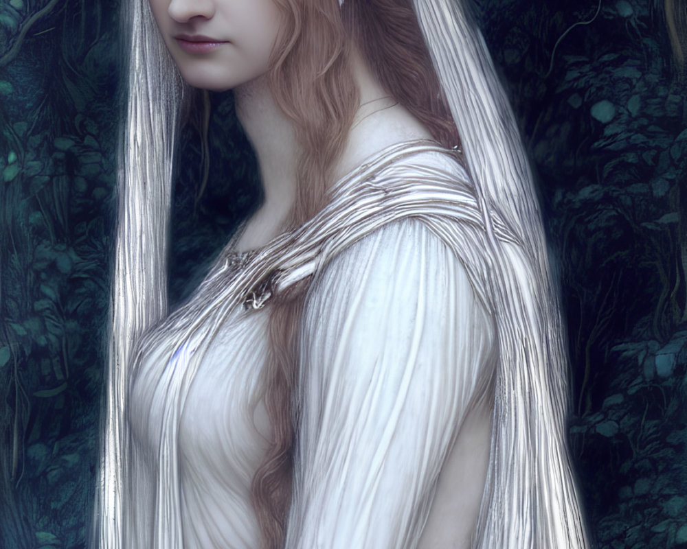 Elf woman with white hair in silver gown and tiara in mystical forest with owl