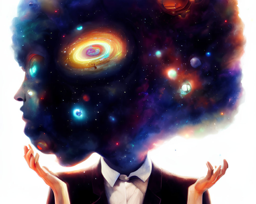 Galaxy-filled head in cosmic representation with raised hands in black suit