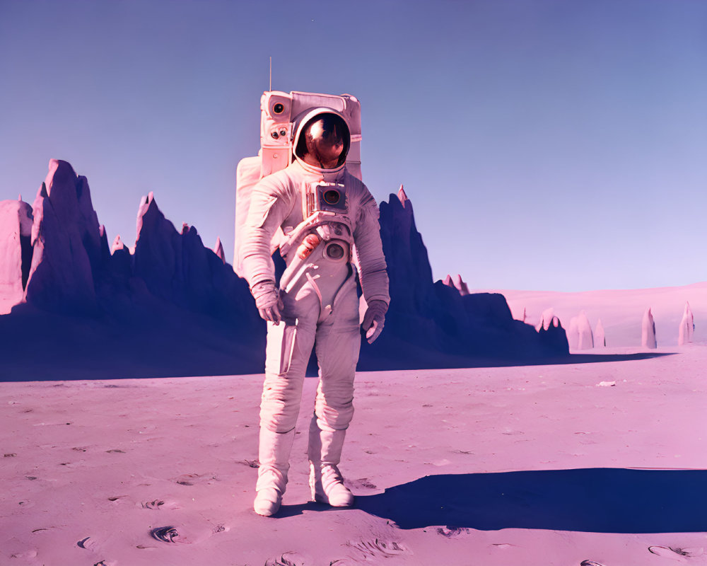 Astronaut on Purple Alien Landscape with Rock Formations