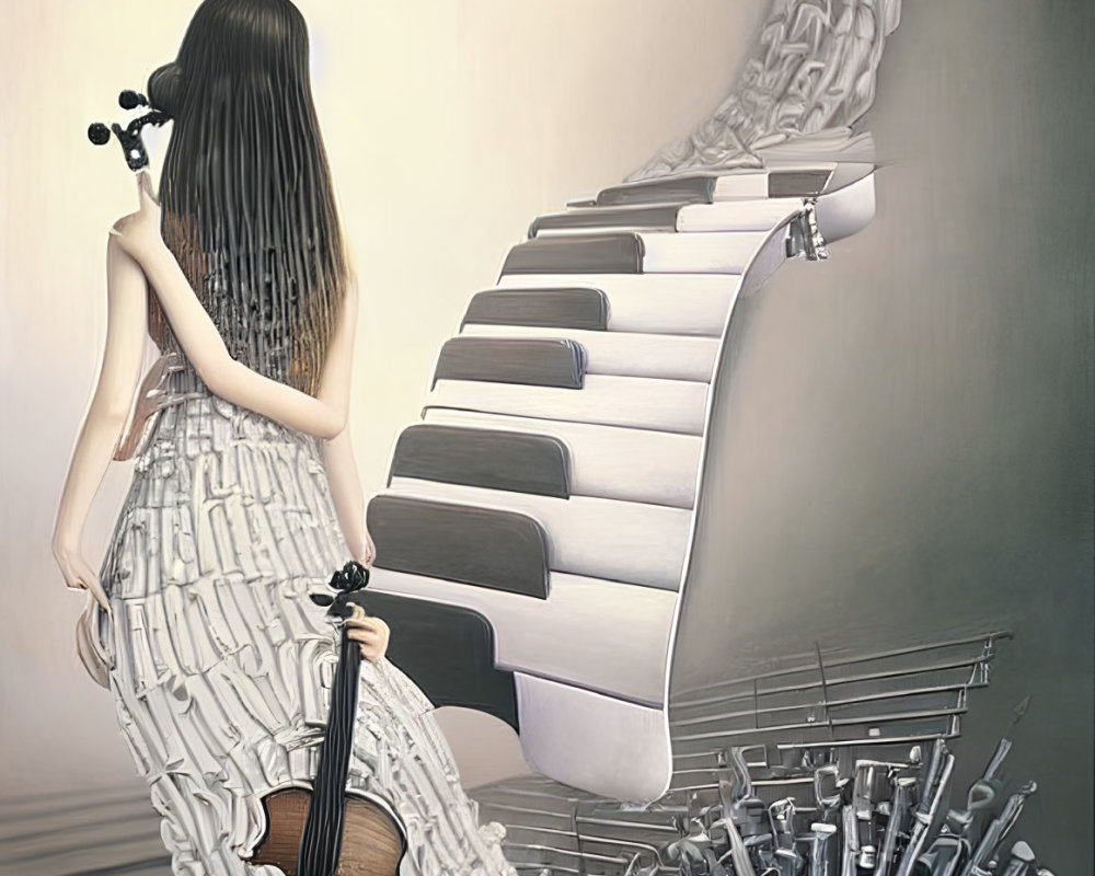 Woman with violin in musical setting with staircase, piano keys, flutes, and score dress