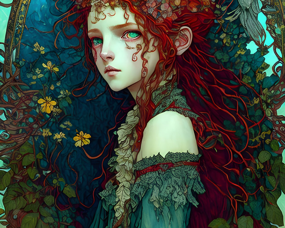 Illustration of red-haired girl with floral accessories in lush greenery