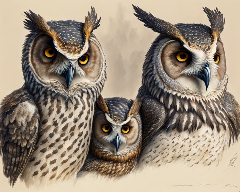 Realistic illustrated owls with detailed feathers on beige background