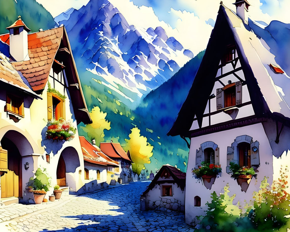 Scenic European village with half-timbered houses and mountains