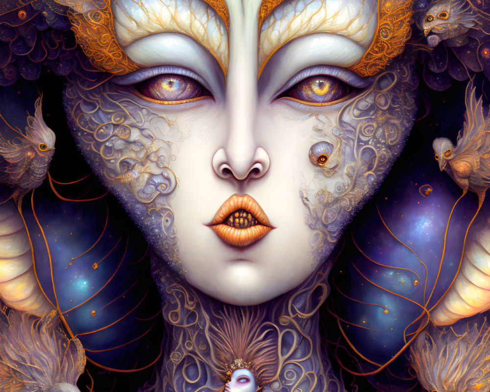 Surreal portrait of female entity with multiple eyes and cosmic elements