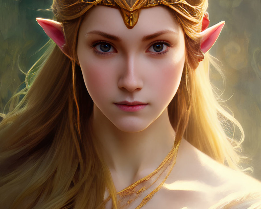 Fantasy portrait of a blonde elf woman with pointed ears and golden crown