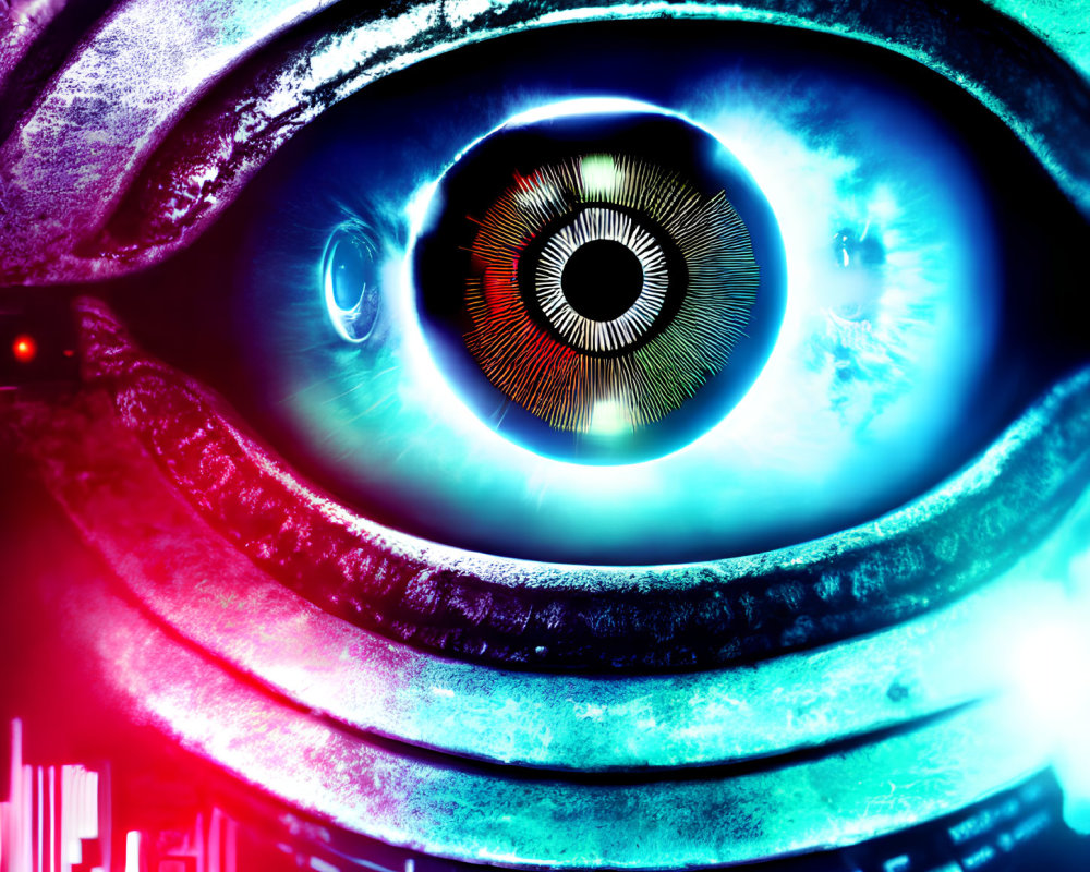 Colorful Close-Up of Stylized Robotic Eye with Glowing Iris