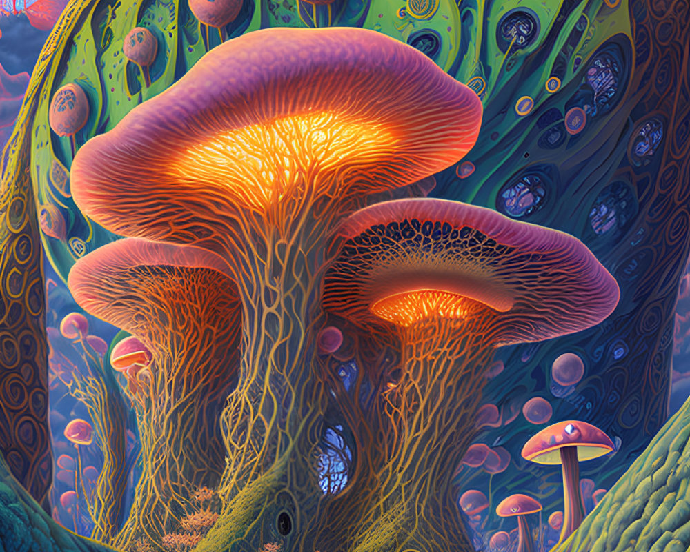 Fantastical landscape with oversized mushrooms and floating orbs