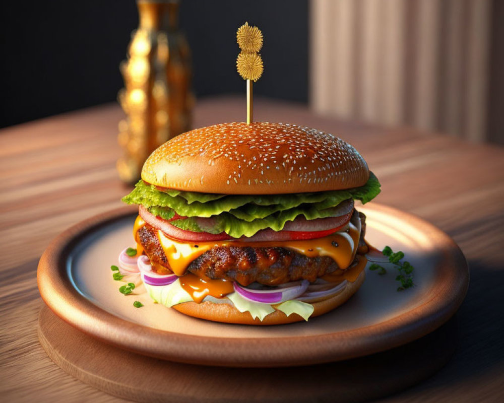 Succulent cheeseburger with lettuce and tomato on wooden tray