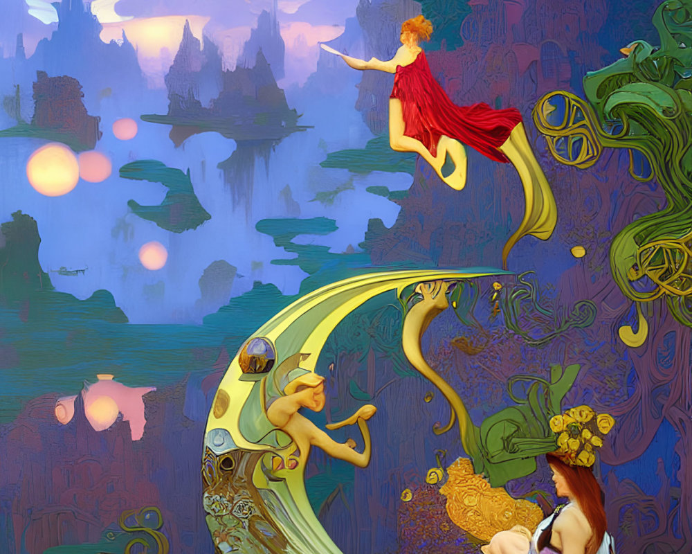 Whimsical beings in fantastical painting with levitating woman and moon-riding child